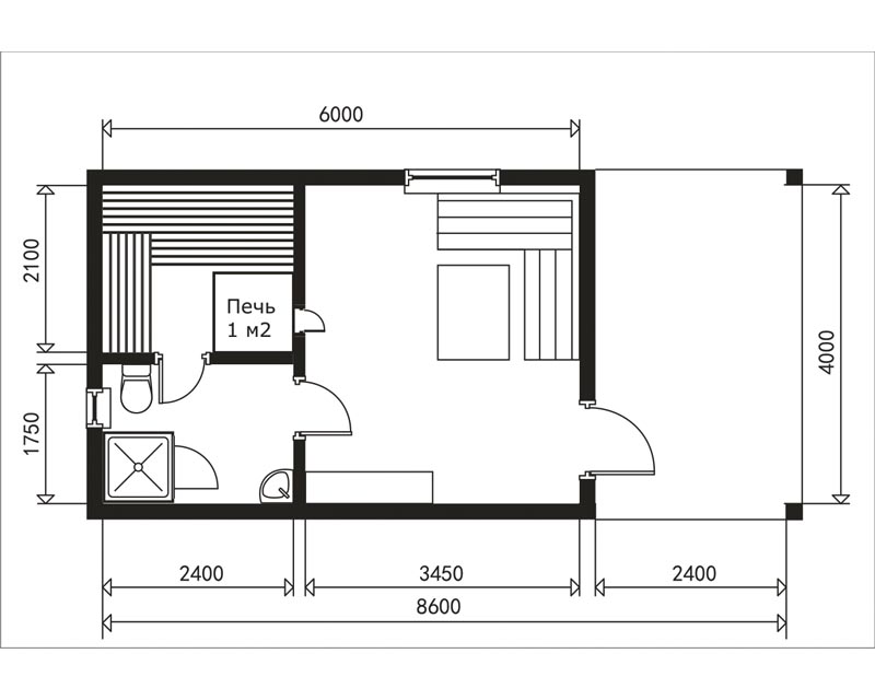 Планировка бани с душем и туалетом и